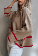 Load image into Gallery viewer, Simply Taupe Ribbed Knit Contrasted Stripe Detail Button Side Loose Sweater
