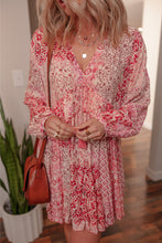 Load image into Gallery viewer, Pink Bohemian Floral Print Tassel Tie Long Sleeve Flowy Mini Dress

