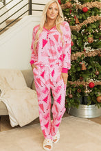 Load image into Gallery viewer, Pink Christmas Tree Print V Neck Buttoned Pullover and Drawstring Pants Lounge Set
