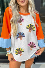 Load image into Gallery viewer, Light Grey Thanksgiving Turkey Sequin Graphic Color Block Long Raglan Sleeve Top
