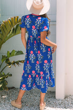 Load image into Gallery viewer, Sky Blue Floral Puff Short Sleeve V Neck High Waist Maxi Dress
