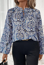Load image into Gallery viewer, Blue Tribal Print Lace-up Frilled Neck Puff Sleeve Blouse
