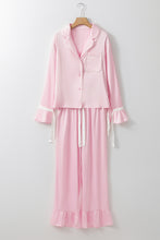 Load image into Gallery viewer, Light Pink Satin Knot Accent Shirt and Ruffled Pants Lounge Set
