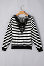 Load image into Gallery viewer, Black Stripe Crochet Hollow-out Back Buttoned Shoulder V Neck Top
