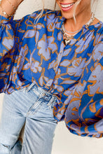 Load image into Gallery viewer, Blue Floral Print Batwing Sleeve Buttoned Loose Fit Shirt
