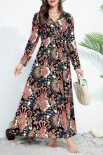 Load image into Gallery viewer, Black Floral Print V Neck Wrap High Waist Maxi Dress

