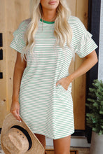 Load image into Gallery viewer, Green Stripe Ruffled Short Sleeve Crew Neck T Shirt Shift Mini Dress
