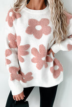 Load image into Gallery viewer, White Textured Flower Drop Shoulder Loose Sweater
