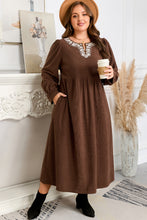 Load image into Gallery viewer, Coffee Embroidered Notched Neckline Textured Pleated High Waist Plus Size Midi Dress
