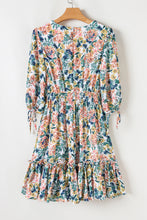 Load image into Gallery viewer, Sky Blue Floral 3/4 Sleeve V Neck High Waist Ruffled Dress
