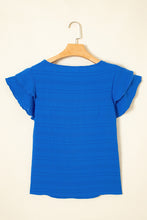 Load image into Gallery viewer, Dark Blue Textured Ruffled Sleeve Round Neck Top
