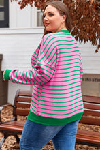 Load image into Gallery viewer, Pink Stripe Waffle Knit Crew Neck Plus Size Sweatshirt
