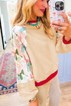 Load image into Gallery viewer, Beige Bowknot Printed Patchwork Raglan Sleeve Colorblock Edge Top
