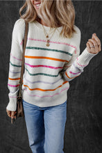 Load image into Gallery viewer, White Colorful Striped Ribbed Trim Sweater
