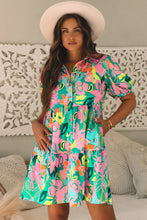 Load image into Gallery viewer, Green Floral Puff Sleeve Collar Buttoned Babydoll Dress
