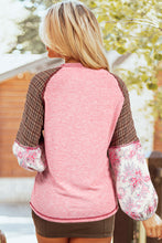 Load image into Gallery viewer, Fushia Mixed Print Raglan Sleeve Ribbed Knit Patchwork Blouse
