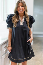 Load image into Gallery viewer, Black Leopard Trim Notched Neck Short Puff Sleeve Shift Mini Dress

