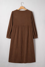 Load image into Gallery viewer, Coffee Embroidered Notched Neckline Textured Pleated High Waist Plus Size Midi Dress
