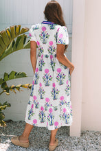 Load image into Gallery viewer, White Floral Puff Short Sleeve V Neck High Waist Maxi Dress
