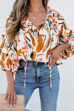 Load image into Gallery viewer, Yellow Abstract Print Drawstring Frilled V Neck 3/4 Sleeve Blouse
