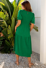 Load image into Gallery viewer, Dark Green Solid Textured Smocked Puff Short Sleeve High Waist Long Dress

