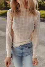 Load image into Gallery viewer, White Sheer Plaid Mesh Lettuce Trim Slim Fit Long Sleeve Top
