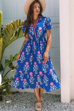 Load image into Gallery viewer, Sky Blue Floral Puff Short Sleeve V Neck High Waist Maxi Dress
