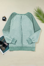 Load image into Gallery viewer, Mineral Blue Waffle Knit Patchwork Exposed Seam Raglan Sweatshirt
