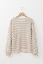 Load image into Gallery viewer, Khaki Stripe Round Neck Drop Shoulder Long Sleeve Top
