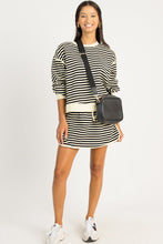 Load image into Gallery viewer, Black Stripe Textured Drop Shoulder Pullover Top Drawstring Mini Skirt Two Piece Dress Set
