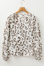 Load image into Gallery viewer, Khaki Leopard Print Split Neck Balloon Sleeve Blouse
