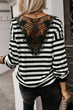 Load image into Gallery viewer, Black Stripe Crochet Hollow-out Back Buttoned Shoulder V Neck Top
