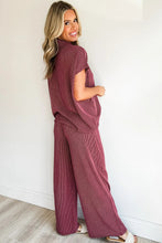 Load image into Gallery viewer, Burgundy Twisted Ribbed High Neck Loose Tee Elastic High Waist Loose Pant Set
