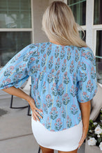 Load image into Gallery viewer, Sky Blue Floral Striped Print Shirred Yoke Split Neck Blouse

