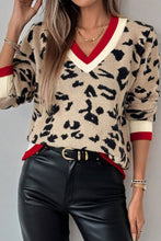 Load image into Gallery viewer, Khaki Leopard Pattern V-Neck Contrast Rib Knitted Sweater

