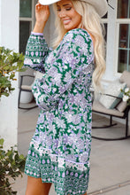 Load image into Gallery viewer, Green Floral Print Piping Trim Bubble Sleeve Square Neck Dress
