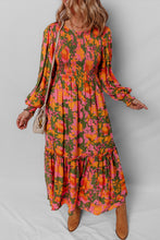 Load image into Gallery viewer, Orange Floral Puff Sleeve Smocked Bodice Ruffled Long Dress
