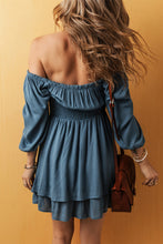 Load image into Gallery viewer, Real Teal Frilled Neckline 3/4 Sleeve Layered Ruched Mini Dress
