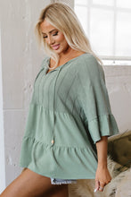Load image into Gallery viewer, Laurel Green Tie Split Neck Textured Ruffle Patchwork Blouse
