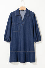 Load image into Gallery viewer, Sail Blue V Neck Collared Single Chest Pocket Long Sleeve Denim Dress
