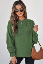 Load image into Gallery viewer, Vineyard Green Solid Color Mixed Textured Knitted Crew Neck Sweater
