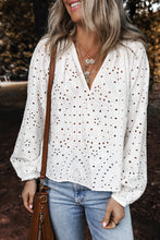 Load image into Gallery viewer, White Eyelet Embroidered Puff Sleeve V Neck Blouse
