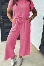 Load image into Gallery viewer, Bright Pink Solid Corded Knit Short Sleeve T Shirt and Wide Leg Pants Set
