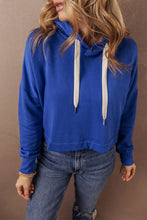 Load image into Gallery viewer, Dark Blue Solid Drop Shoulder Drawstring Cropped Hoodie
