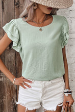 Load image into Gallery viewer, Clearly Aqua Solid Color Ruffled Short Sleeve Casual Blouse
