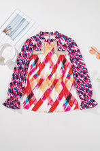 Load image into Gallery viewer, Rose Red Abstract Geometric Pattern Patchwork Puff Sleeve Blouse
