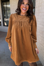 Load image into Gallery viewer, Desert Gold Corduroy Pleated Puff Sleeve Shift Short Dress
