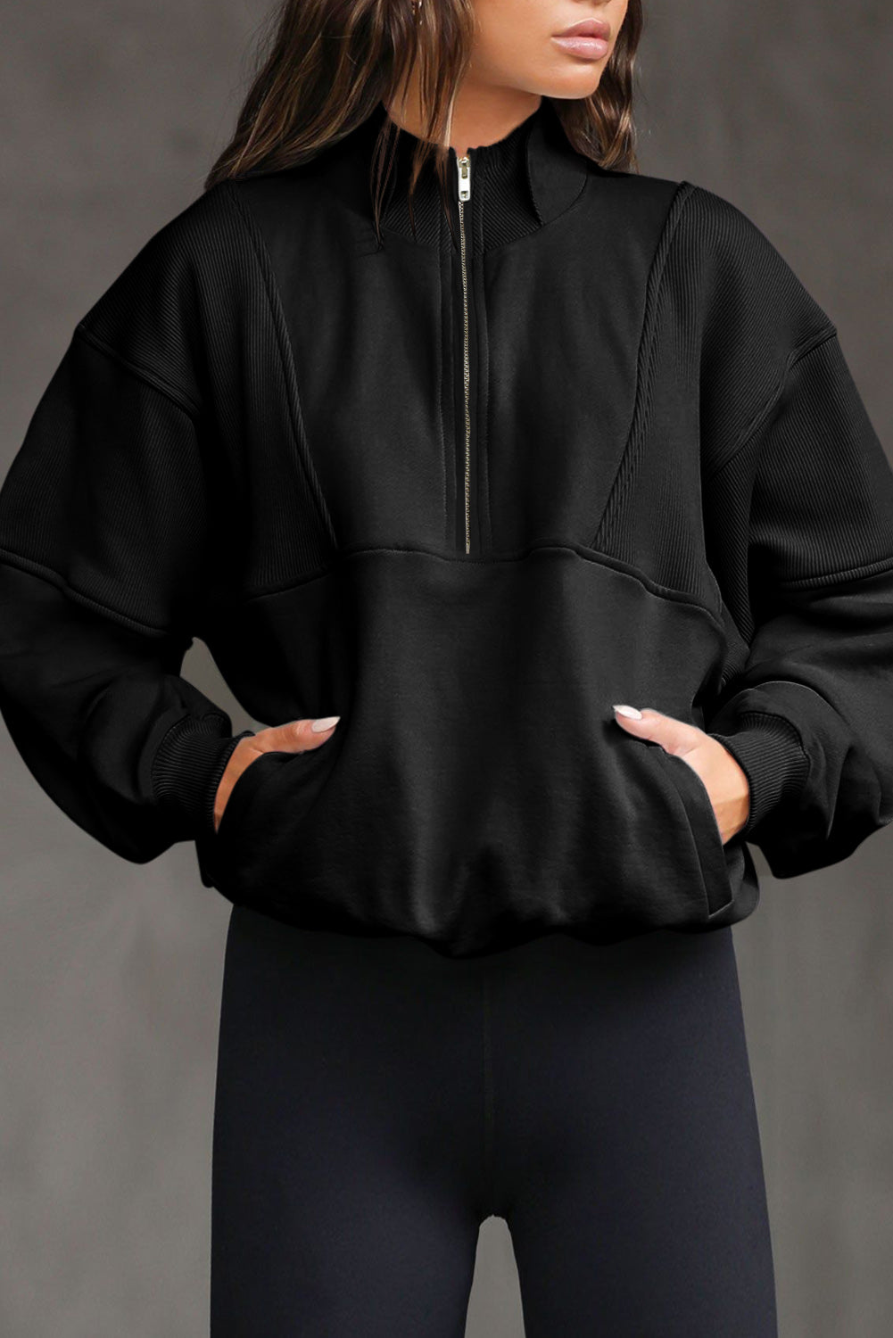 Black Half Zip Stand Collar Exposed Seam Solid Color Casual Sweatshirt