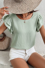 Load image into Gallery viewer, Clearly Aqua Solid Color Ruffled Short Sleeve Casual Blouse
