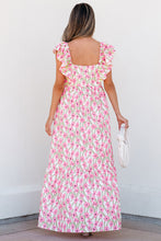 Load image into Gallery viewer, Pink Floral Print Square Neck Ruffled Strap Maxi Dress
